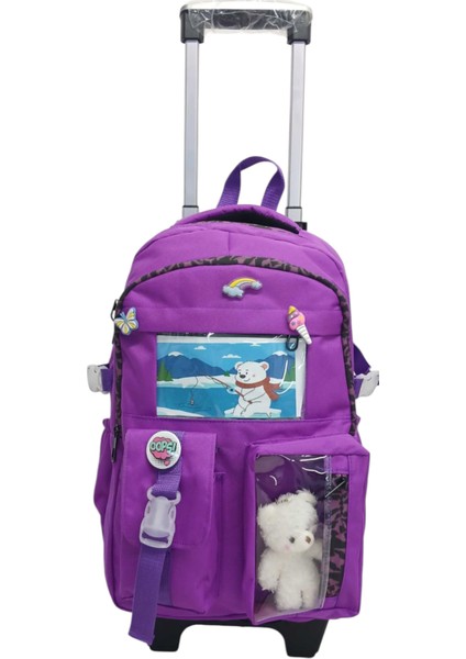 2 Kademeli Çekcekli Tekerlekli Portatif Kore Tarzı Mor,aksesuarlı Laptop Bölmeli Erkek,kız Çocuk Okul ÇANTASI44*34*23 cm