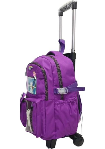 2 Kademeli Çekcekli Tekerlekli Portatif Kore Tarzı Mor,aksesuarlı Laptop Bölmeli Erkek,kız Çocuk Okul ÇANTASI44*34*23 cm modelleri
