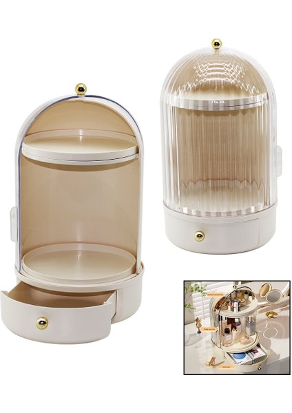 Vitrin 360°Ç:21 -Y:38 cm Kozmetik Organizer Şeffaf Kapak- Döner Rafçekmece+2 Kat GO5060GOK151036