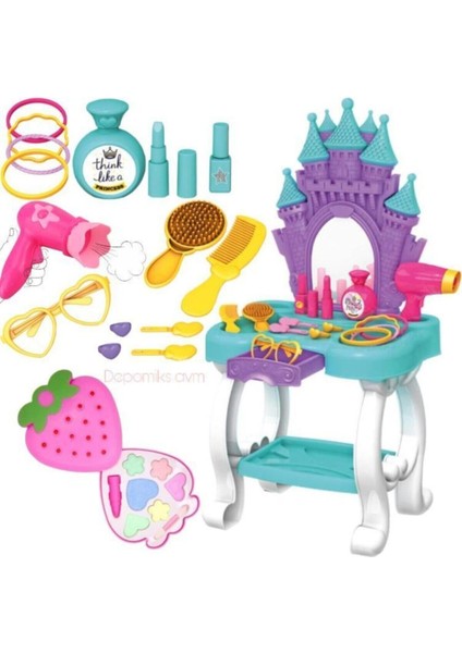 Oyuncak Şato Güzellik Masası Aynalı Aksesuarlı + Sürülebilir Çilek Makyaj Seti Kız Çocuk Oyuncakları