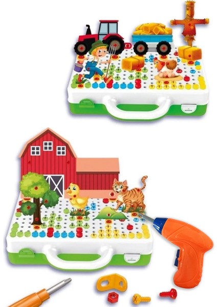 Pilli Oyuncak Matkap ve Tamir Çantası 340 Parça Çiftlik Temalı 3D Puzzle Eğitici Erkek Çocuk Seti
