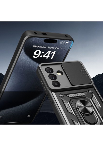 Samsung Galaxy A26 Kılıf Yüzüklü Standlı Sürgülü Kamera Korumalı Tank Sert Silikon Kapak
