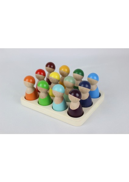 Aliwooden Ahşap Waldorf Gökkuşağı İnsan Figürleri 12'li Set – El Yapımı, Güvenli Boya, Renk ve Sayı Öğreten Eğitici Oyuncak