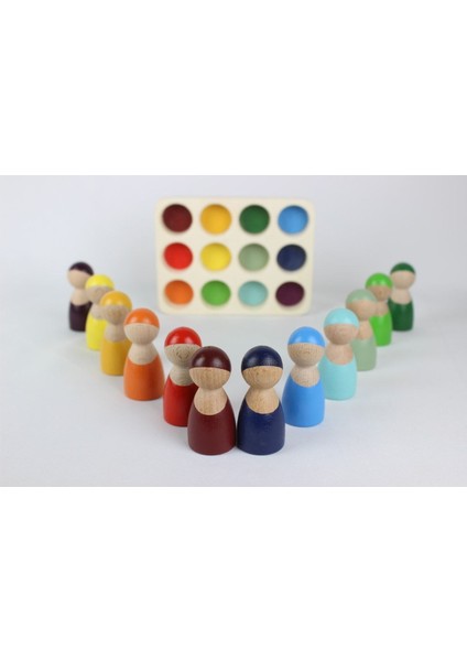 Aliwooden Ahşap Waldorf Gökkuşağı İnsan Figürleri 12'li Set – El Yapımı, Güvenli Boya, Renk ve Sayı Öğreten Eğitici Oyuncak