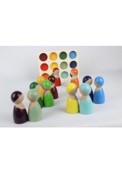 Aliwooden Ahşap Waldorf Gökkuşağı İnsan Figürleri 12'li Set – El Yapımı, Güvenli Boya, Renk ve Sayı Öğreten Eğitici Oyuncak