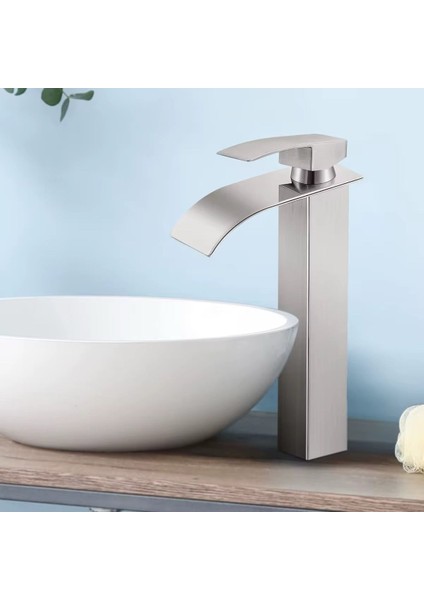 Inox Çanak Lavabo Bataryası Oval Çıkış Yüksek Havza Model Uzun Çift Giriş Musluk Banyo Mat Gri
