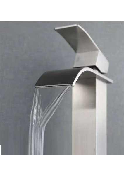 Inox Çanak Lavabo Bataryası Oval Çıkış Yüksek Havza Model Uzun Çift Giriş Musluk Banyo Mat Gri