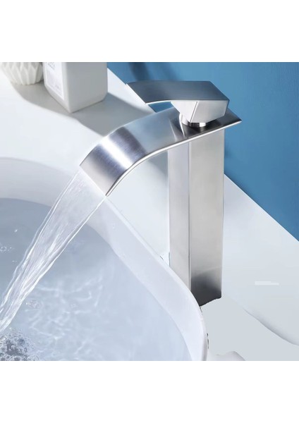 Inox Çanak Lavabo Bataryası Oval Çıkış Yüksek Havza Model Uzun Çift Giriş Musluk Banyo Mat Gri