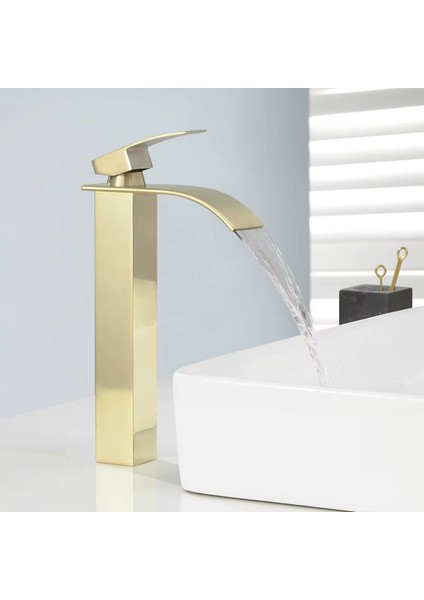 Mat Gold Çanak Lavabo Bataryası Oval Çıkış Yüksek Havza Model Uzun Çift Giriş Altın Musluk Banyo modelleri
