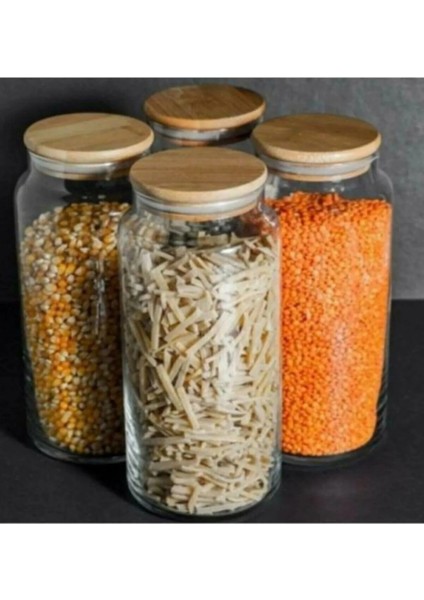 4'lü Bambu Kapaklı Cam Kavanoz 1300 ml