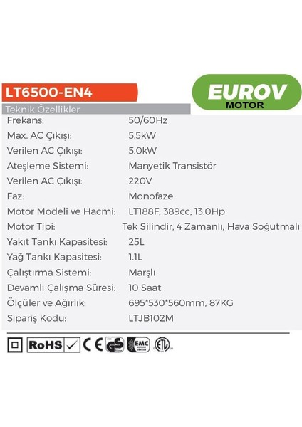 Lutian 5.5 Kw Euro V Motor Monofaze Benzinli Jeneratör (LT6500EN-4) fiyatları
