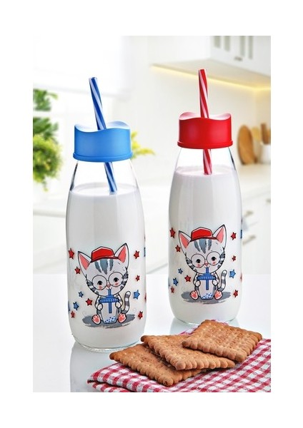 Hayvan Figürlü Pipetli Su ve Süt Şişesi Cam 500 ml
