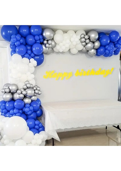 75’li Balon Zinciri Seti + Balon Zinciri Aparatı | 12’’ Mavi & Beyaz Balon + 5’’ Krom Gümüş Balon