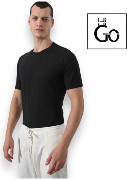 Kendinden Çizgi Desenli Slim Fit T-Shirt