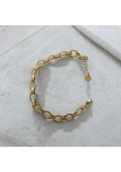 Çelik Altıgen Desenli Gold Bileklik