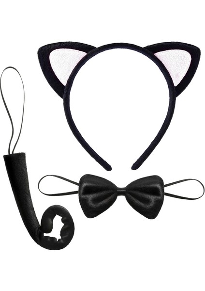 Sevimli Kedi Kostüm Seti Kulak Papyon Kuyruk Beyaz Renk