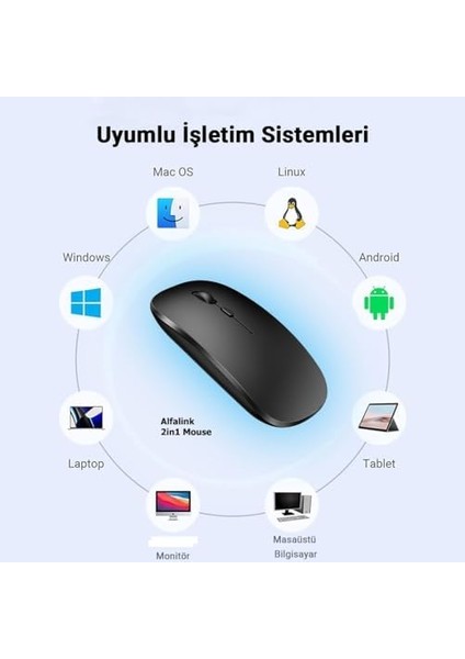 Bluetooth & Wireless Şarjlı Sessiz Tuşlu Kablosuz Mouse Siyah modelleri