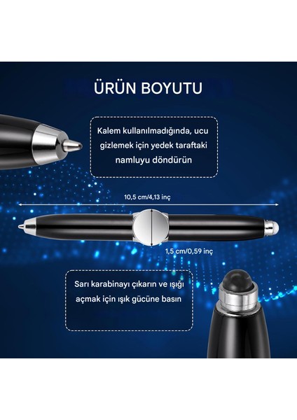 Rotasyonlu Çok Fonksiyonlu Kalem - LED Işık ve Döner Gyro Özelliği - Şık Kalem, Metal Kalem, Pratik Kalem - 10.5 cm - 5 Renk Seçeneği