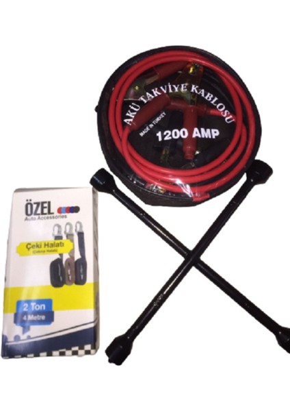 3'lü araç seti: çeki halatı, takviye kablosu ve bijon anahtarı, dayanıklı ve kullanışlı