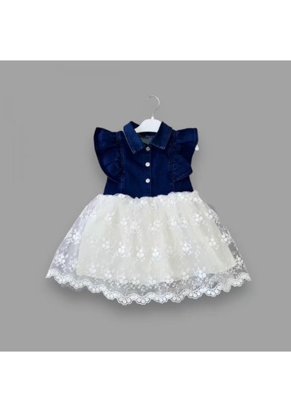 2-3-4 Yaş Astarlı Brode Etekli Kot Kumaş Düğmeli Kız Çocuk Elbisesi