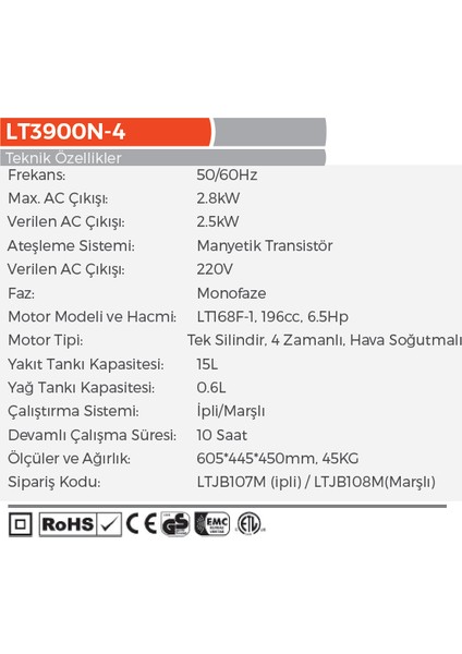 Ipli 2.8 Kw Benzinli Jeneratör Euro V(5) Motor (LT3900N-4)