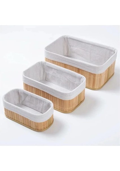 3 Boy Bambu Organizer Sepet Seti Ekmek Kutusu Keten Kumaş Banyo Mutfak Kozmetik Dolap Düzenleyici