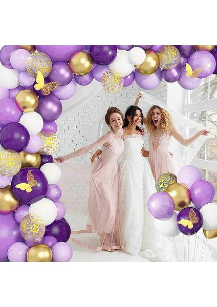 100 Parça Kelebek Temalı Balon Zinciri Seti – Mor, Beyaz ve Gold Doğum Günü modelleri