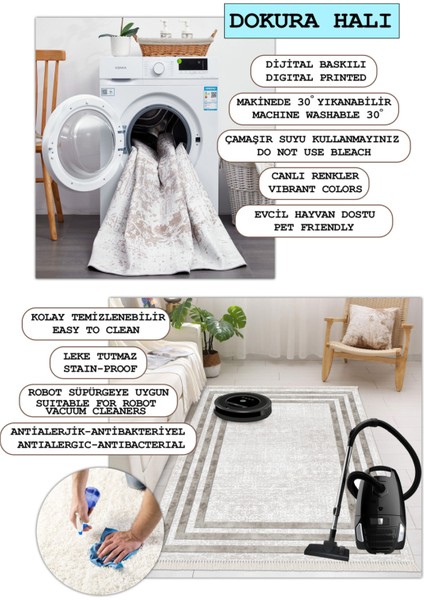 Dört Mevsim Makinede Yıkanabilir, Leke Tutmaz, Kaymaz Taban, Oturma Odası, Salon Halı, Koridor Halı