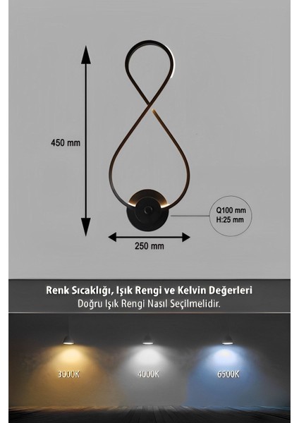 Dekoratif Sonsuzluk Duvar Lambası LED Aplik, Siyah, 6500K Beyaz Işık