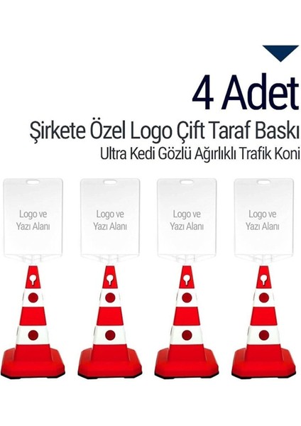 İki Taraf Baskılı Kedi Gözlü Trafik Konileri 4'lü Set, Güvenli ve Şık Trafik İşaretleri
