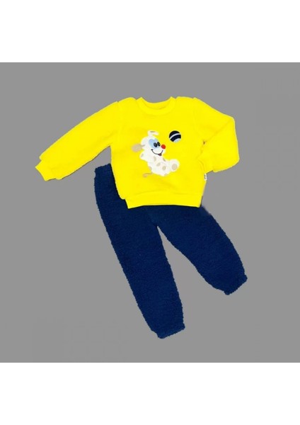 1-2-3 Yaş Toplu Köpek Nakışlı Kuzu Kumaş Sweat Pantolonlu Uzun Kollu Kız Erkek Bebek Takımı