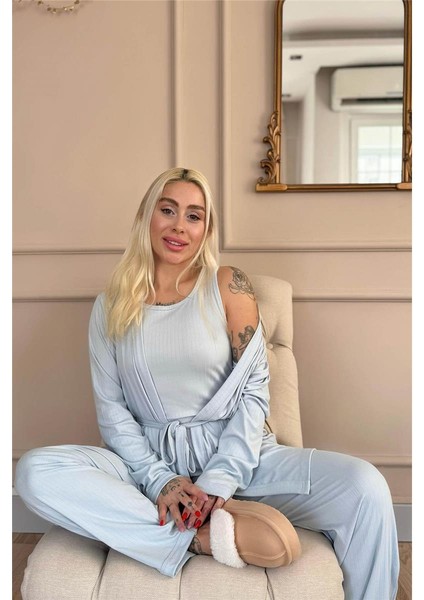 Buz Mavi Dublin Sabahlıklı Kadın Pijama Takımı fiyatları