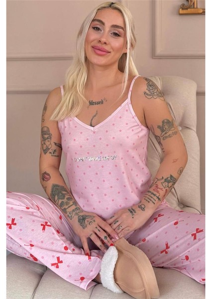 Pembe Dont Wake Me Up Baskılı Ip Askılı Örme Kadın Pijama Takımı