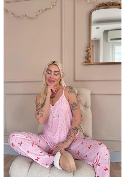 Pembe Dont Wake Me Up Baskılı Ip Askılı Örme Kadın Pijama Takımı fiyatları