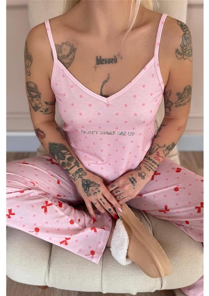 Pembe Dont Wake Me Up Baskılı Ip Askılı Örme Kadın Pijama Takımı indirimleri