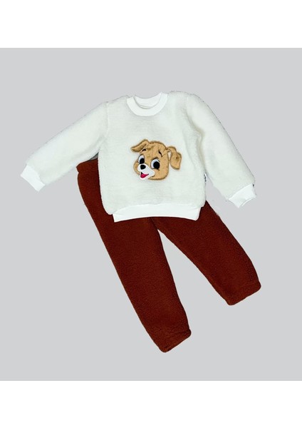1-2-3 Yaş Mutlu Köpekcik Nakışlı Kuzu Kumaş Sweat Patili Pantolon Uzun Kollu Kız Erkek 2 Li Takımı