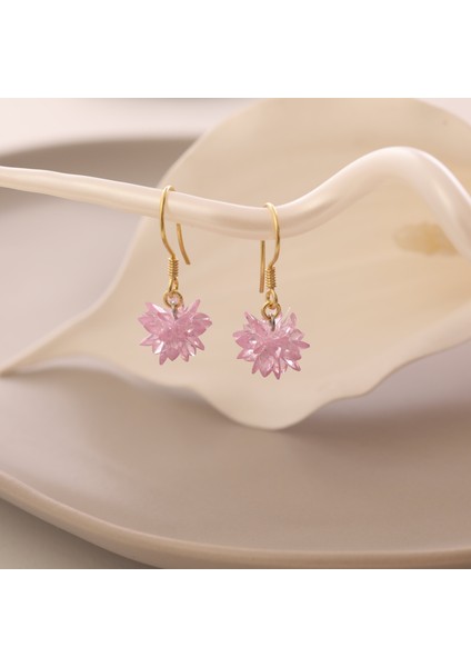 925 Ayar Gümüş Pembe Kristal Taşlı Lotus Küpe