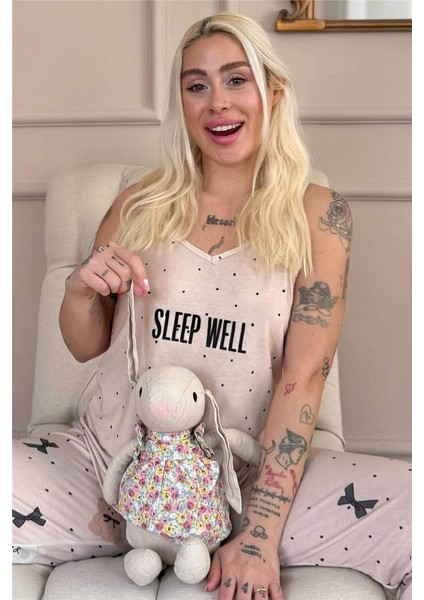 Bej Sleep Well Baskılı Ip Askılı Örme Kadın Pijama Takımı