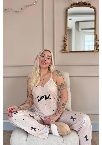 Bej Sleep Well Baskılı Ip Askılı Örme Kadın Pijama Takımı fiyatları