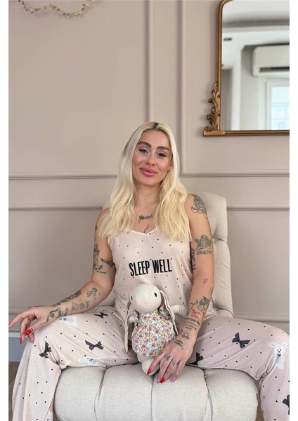 Bej Sleep Well Baskılı Ip Askılı Örme Kadın Pijama Takımı fırsatları