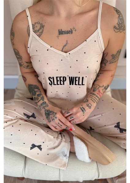 Bej Sleep Well Baskılı Ip Askılı Örme Kadın Pijama Takımı indirimleri
