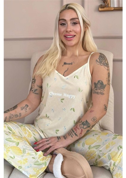 Choose Happy Baskılı Ip Askılı Örme Kadın Pijama Takımı