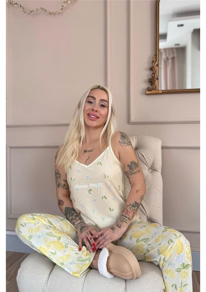 Choose Happy Baskılı Ip Askılı Örme Kadın Pijama Takımı