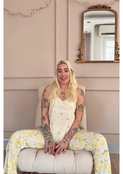 Choose Happy Baskılı Ip Askılı Örme Kadın Pijama Takımı