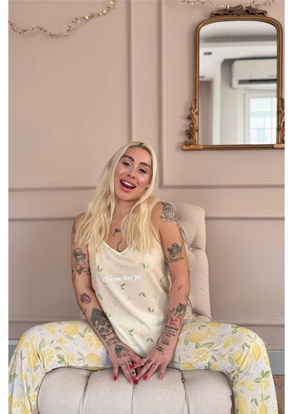 Choose Happy Baskılı Ip Askılı Örme Kadın Pijama Takımı