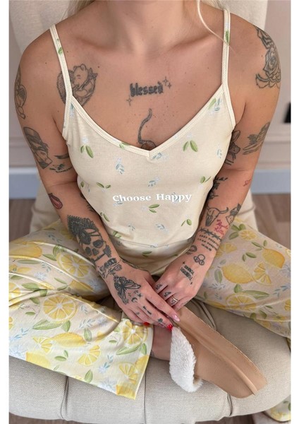 Choose Happy Baskılı Ip Askılı Örme Kadın Pijama Takımı