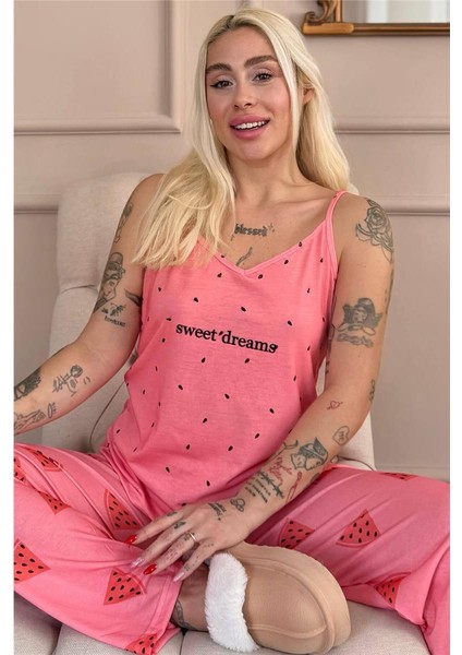 Pudra Sweet Dreams Baskılı Ip Askılı Örme Kadın Pijama Takımı