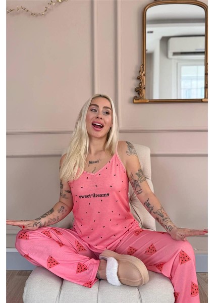 Pudra Sweet Dreams Baskılı Ip Askılı Örme Kadın Pijama Takımı fiyatları