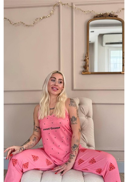 Pudra Sweet Dreams Baskılı Ip Askılı Örme Kadın Pijama Takımı modelleri