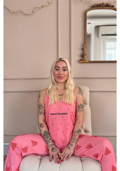 Pudra Sweet Dreams Baskılı Ip Askılı Örme Kadın Pijama Takımı fırsatları